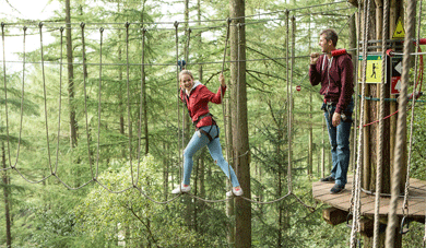 Father and daughter on treetop challenge