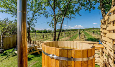 Hot tub at The Grape Escape over looking the vineyards